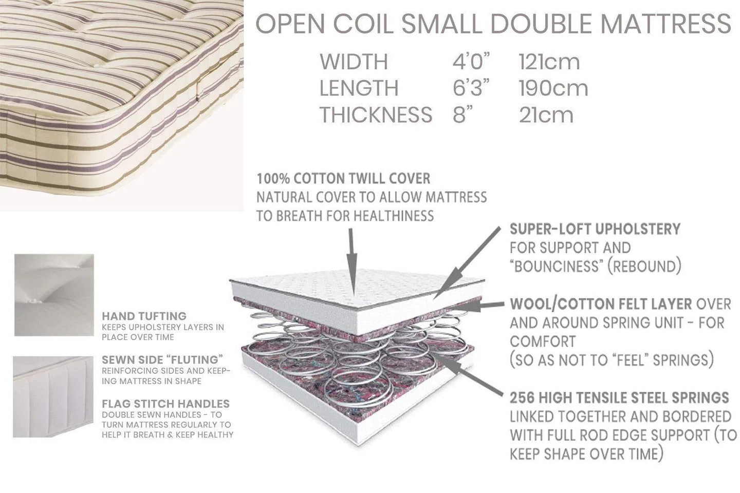 Hand-made Open Coil Mattress | Small Double | Medium-Firm | 21cm